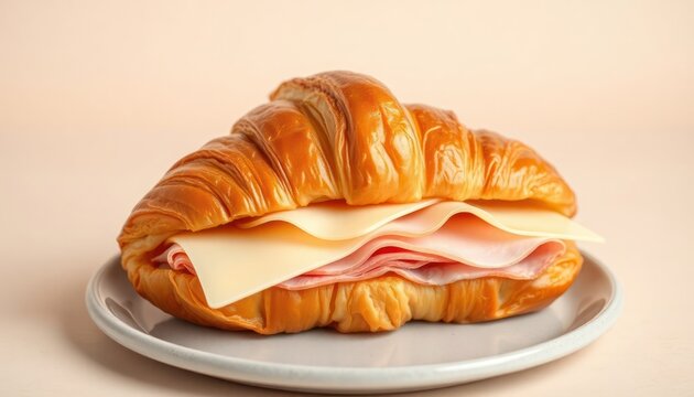Freshly baked croissant sandwich with ham, swiss cheese. Delicious breakfast lunch option. Bakery style food. Perfect for quick meal. Simple, tasty. Savory pastry. Perfect for light meal. Enjoy light