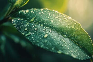 Dew-kissed leaves shimmering in the sunlight, capturing the essence of freshness and vitality in a vibrant natural setting.