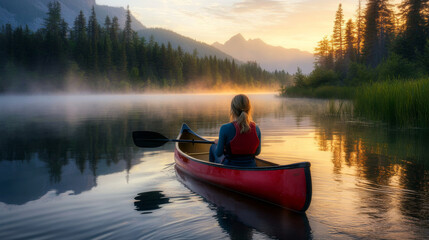 Canoe, Lake, Dawn, Mist, Mountain