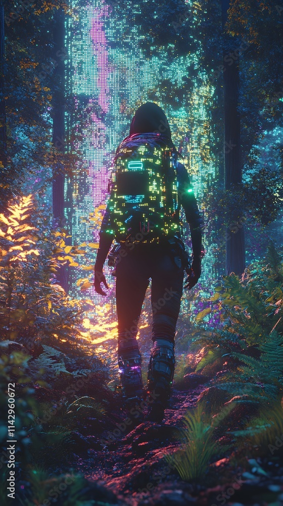 Poster lone traveler exploring a futuristic forest illuminated with glowing digital pattern and vibrant gre