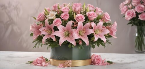 Elegant pink roses & lilies bouquet, luxury gift box,  floral,  luxury,  ribbon
