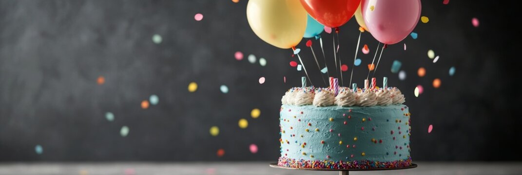 Colorful celebration with a cake and balloons surrounded by confetti in a festive setting