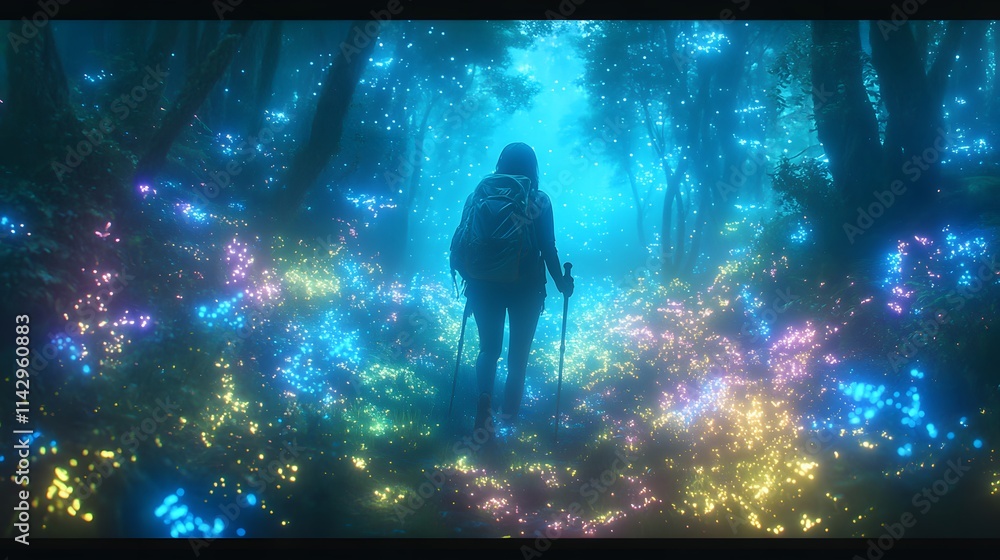Poster wanderer exploring a magical forest illuminated by multicolored light in a serene and surreal atmosp