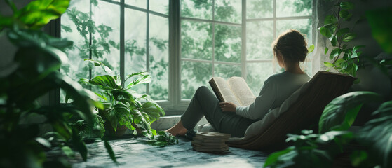 Cozy Reading Nook, Tranquil Environment, Water-Repellent Plants, Person Reading, Artistic Photography