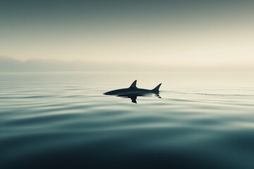 A lone dolphin emerges in a vast, tranquil sea at twilight, painting a serene and contemplative picture amid soft ripples.