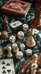 Vintage Game Pieces, Dice, Cards, and Chess on Velvet