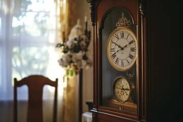 A close-up of a traditional wooden grandfather clock in a softly lit room, exuding a timeless elegance with its golden accents and intricate details.