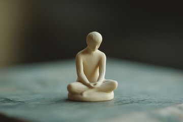 A serene, monochrome sculpture of a meditating figure sits on a textured surface, evoking a sense of calm and contemplation through minimalist art.