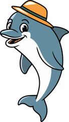 Naklejka premium A fun and cute cartoon dolphin swimming in the ocean with a playful silhouette 