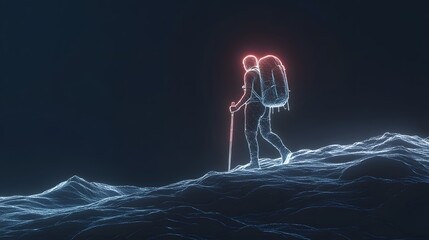 Obraz premium Backpacker climbing neon lit hill with radiant glow in dark environment