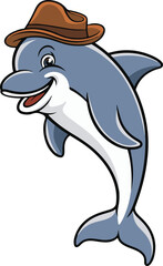 A fun and cute cartoon dolphin swimming in the ocean with a playful silhouette 