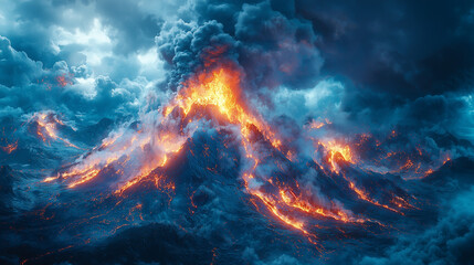 Fototapeta premium volcanic fury unleashes with fiery explosions and billowing smoke over a rugged landscape