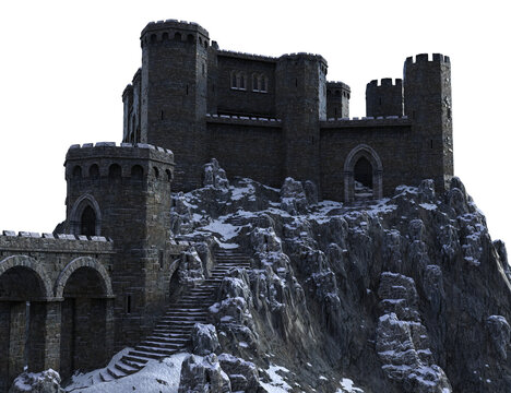 3D rendered winter fantasy medieval castle ruins isolated on transparent background