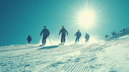 Skiing Fun in the Sun: Joyful Group on Snowy Slope