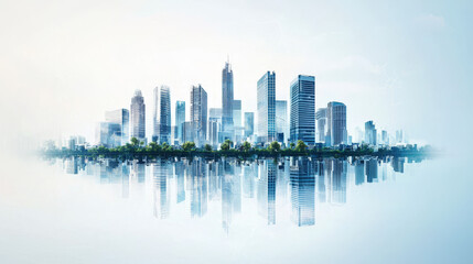 Fototapeta premium Modern Cityscape, Urban Skyline, Futuristic Architecture, Reflection, Green Spaces
