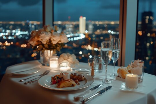 A romantic dinner table set high above a sparkling city, adorned with roses and candles, offers an intimate culinary experience against a night skyline.