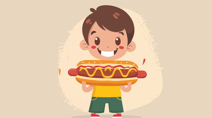 Cute Little Boy Holding Hotdog - Vector Illustration