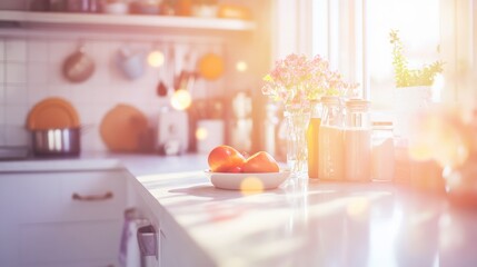 Bright and Inviting Kitchen with Fresh Produce and Colorful Flowers in Sunlight Creating a Warm and Cheerful Atmosphere for Home Cooking Inspiration