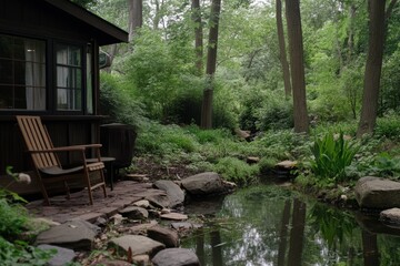 A tranquil cabin overlooks a lush pond, surrounded by dense woodland offering a slice of serenity and natural beauty.