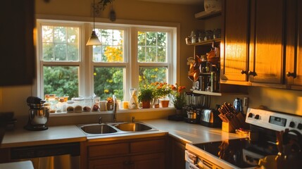 Warm sunset light illuminates a cozy kitchen with plants, countertop appliances, and wooden cabinets.