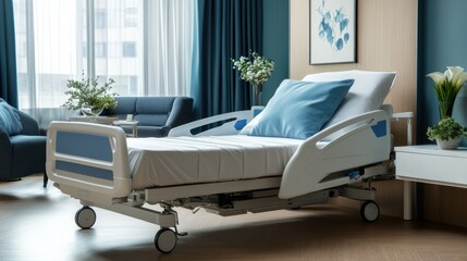 Hospital Bed. Empty Room, Clean Surgery Bed, Modern Medical Equipment, Health Care, Treatment, Recovery, Sterile Environment, Electric Bed, Emergency Service.