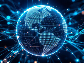 Glowing digital globe on interconnected network, futuristic technology, blue neon lights.