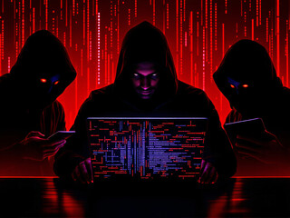 Hooded figure with laptop, green code cascading, symbolizing hacking and cyber threats.