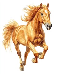 Obraz premium a vibrant pencil-color illustration of a confident horse mid-gallop, bright tan coat with flowing mane, clean pastel style, sharp focus, isolated on white.