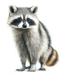 Fototapeta premium a vibrant pencil-color illustration of a mischievous raccoon standing upright, bright gray fur and its black mask drawn in clean, simple lines, isolated on white.