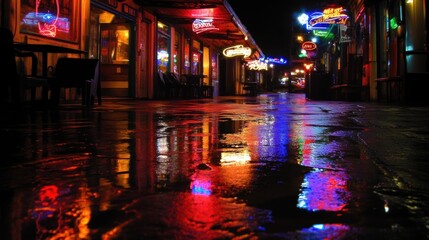 Fototapeta premium Night street scene with colorful neon signs reflected in wet pavement.
