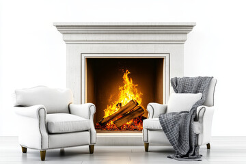 Fototapeta premium Cozy Armchairs, Fireplace, Natural Wood Fire, White Background, Home Interior