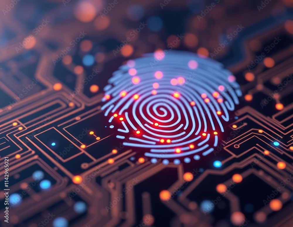 Poster biometric authentication tech displayed on digital circuit board. fingerprint tech shows secure acce