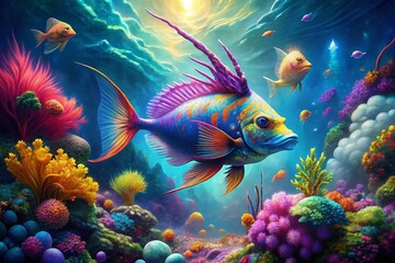 Surreal Underwater Unicorn Fish Fantasy Art - Magical Sea Creature Painting