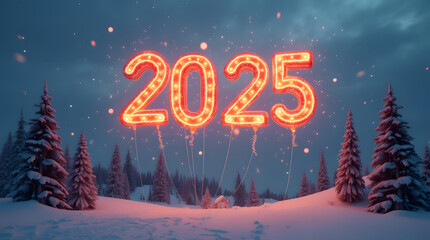 Glowing balloons in the shape of '2025' floating in a winter sky above snowy hills and festive trees