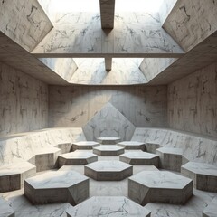 Empty concrete hexagons pattern room interior with light from ceiling 3d rendering wood concrete design wood design concrete architecture wall floor modern