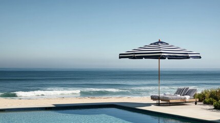 Relaxing at a beachside pool with a striped umbrella and ocean view in clear weather