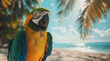 Colorful parrot enjoying a tropical beach with palm trees under a bright sky