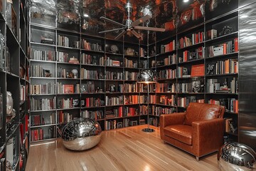 Cozy modern library with leather chair and metallic decor in home interior design
