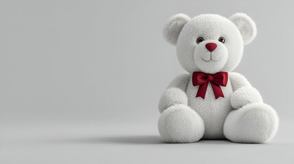 Soft white teddy bear with a red bow isolated on a plain background