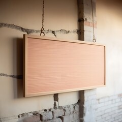 warmly lit, professional photograph of a blank, rectangular wooden signboard with a subtle grain texture, suspended from a worn, faded brick wall with visible cracks and gentle mortar lines.