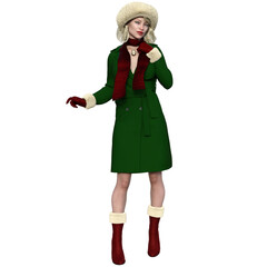 3D rendered female character in a winter outfit wearing green coat, red scarf, boots and a hat with a fur isolated on transparent background