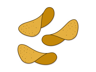 Three potato chips floating in mid-air on a white background. A creative and dynamic concept for snacks. Perfect for banners and advertisements