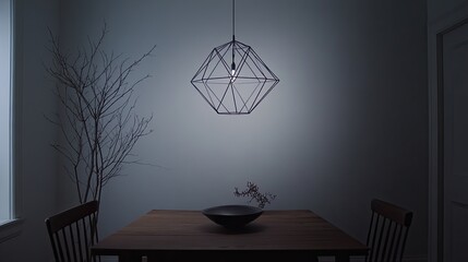 Geometric wireframe hanging lamp, adding an industrial touch to a minimalist room.