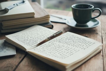 Obraz premium Open notebook filled with cursive writing, next to coffee and pens on a rustic table, suggests an insightful moment of contemplation.