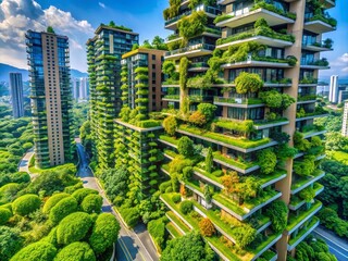 Obraz premium Sustainable Urban Architecture: Green Buildings & Lush Vegetation - Eco-Friendly City Design