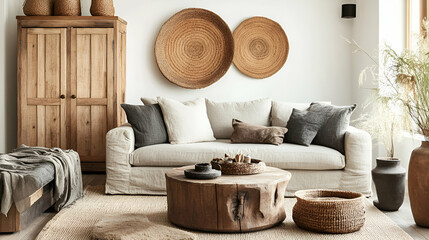 Stylish neutral-toned living room with accessories, a gray sofa, and wooden cabinets 