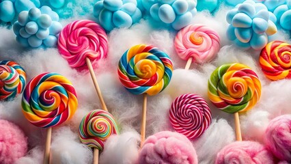 Sweet Treats: Colorful Lollipops on Pink & White Cotton Candy Clouds - High-Resolution Stock Photo