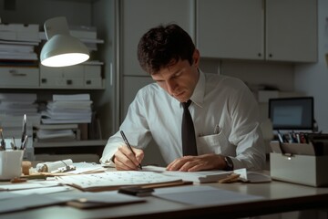 A man intensely focused on writing in a dimly lit office, papers scattered around him, reflecting an air of old-world diligence and thoughtful engagement.