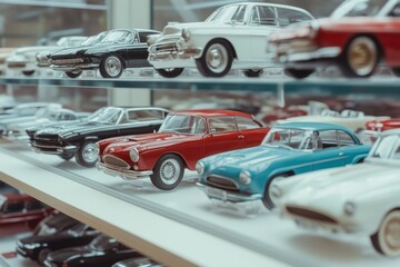 A shelf displays a collection of vintage model cars, their shiny exteriors reflecting light, evoking nostalgia and a passion for classic automobiles.