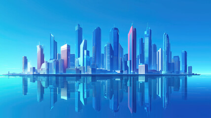 Fototapeta premium Modern skyscrapers of a smart city, futuristic financial district, graphic perspective of buildings and reflections - Architectural blue background for corporate and business brochure template
